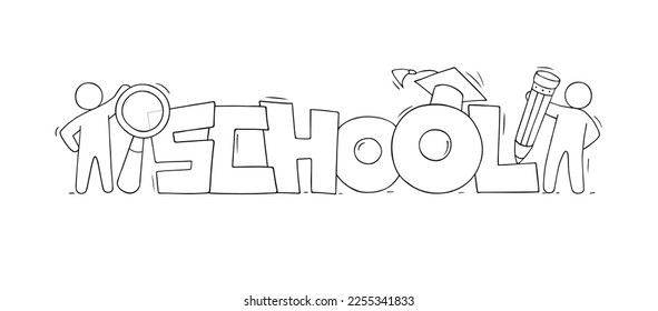 School poster with doodle students and teachers. Education, science and knowledge concept. Vector hand drawn illustration with people, graduation cap, pencil, loupe