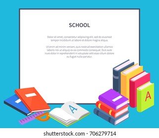 School poster frame for text with pile of books standing in row vector illustration. Colorful textbooks in hardcover, encyclopedia materials