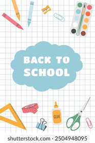 School poster with hand drawn stationery. Back to school, college, education concept. Vector illustration