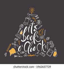 Afiche escolar con letras y elementos de doodle. Estilo retro en la pizarra para afiches o pancartas. Ilustración vectorial dibujada a mano
