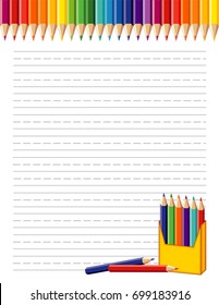 School poster, rainbow border, box of colored pencils. Copy space, penmanship lines for back to school announcements, stationery, education, literacy, scrapbook projects.  EPS8 compatible. 