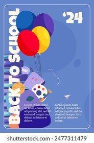School poster with stationery. Back to School. Elements and objects on school themes, simple flat background.