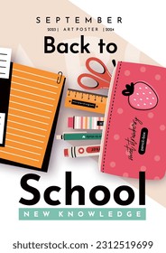 Afiche escolar con papelería. De vuelta a la escuela. Portátiles, plumas, marcadores, estuche de lápiz, borradores, tijeras, regla. Elementos y objetos sobre temas escolares, simple fondo plano. 