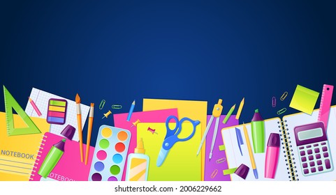 School poster with stationery and education supplies for children study on blue background. Vector cartoon poster with border of school stuff, pen, pencils, eraser, notebooks, scissor and calculator