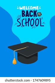 Afiche escolar con sombrero estudiantil y texto. Diseño de fondo vectorial para productos de bienvenida y publicidad.