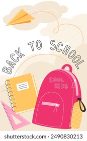 Cartel escolar con útiles escolares y mochila en estilo plano