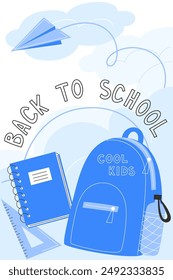 School Poster with School Supplies and backpack in flat style