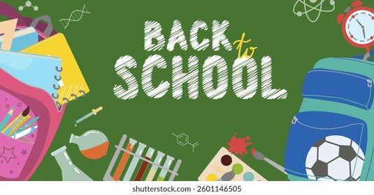 School poster. Vector design with school backpacks. Back to school, college, education concept. Perfect for web advertising, branding, flyers, banners