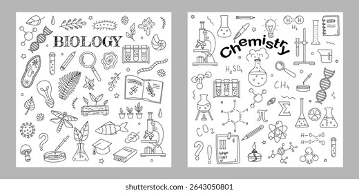 School posters for Biology  and chemistry lessons. Biology and chemistry symbols in doodle style for cover design, notebook, textbook, notepads. Back to school concept. Hand drawn elements set