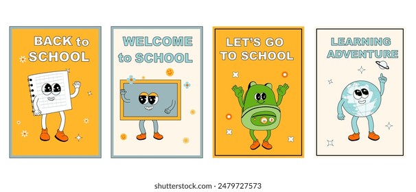 School posters set with groovy characters. Stationery with y2k school elements background. Retro 60s and 70s, y2k vertical banners set for Back to school.