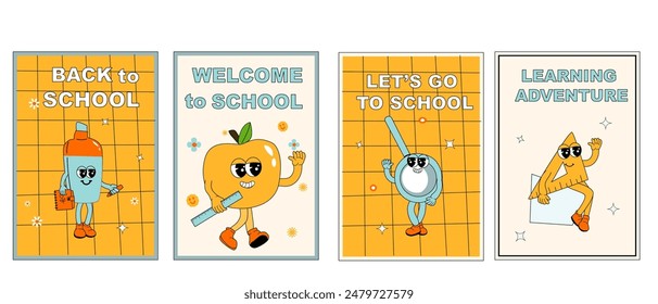 School posters set with groovy characters. Stationery with y2k school elements background. Retro 60s and 70s, y2k vertical banners set for Back to school.