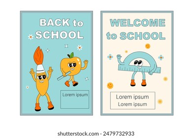School posters set with groovy characters. Stationery with y2k school elements background. Retro 60s and 70s, y2k vertical banners set for Back to school.