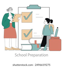 School preparation concept. A teacher checks off a list while a student with a backpack waits, showcasing readiness for education. Vector illustration.