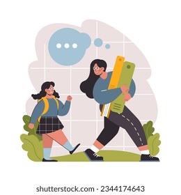 School preparation. School kids with parents prepare for studying. Characters buying new clothes, textbooks and stationery. Elementary education, back to school idea. Flat vector illustration