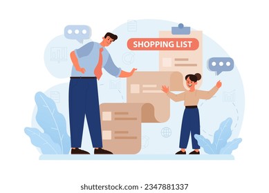 School preparation. School kids with parents prepare for studying. Characters buying new clothes, textbooks and stationery. Elementary education, back to school idea. Flat vector illustration