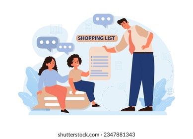 School preparation. School kids with parents prepare for studying. Characters buying new clothes, textbooks and stationery. Elementary education, back to school idea. Flat vector illustration