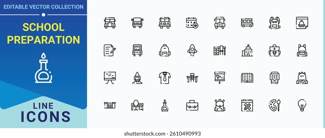 School Preparation modern icon set. Contains such icons as study, school, education, diploma, student and more. Back To School icon set. Thin outline icons pack. Editable stroke. Vector collection.