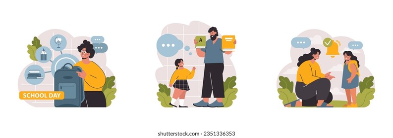 School preparation set. School kids with parents prepare for studying. Characters buying new clothes, textbooks and stationery. Elementary education, back to school idea. Flat vector illustration