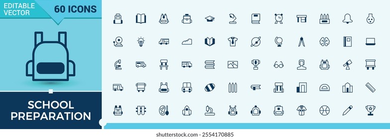 School Preparation vector line icon set. Contains related to classroom, college, school, student, back, academy and more. Flat UI icon design. Solid line editable stroke. Vector line and solid icons.