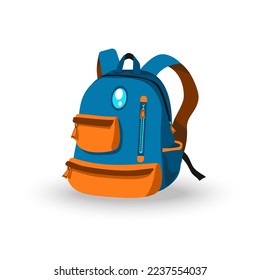 School and preschool backpack for children, blue, brown and orange colors, with pockets and zipper closures, with shiny oval badge. Front or three-quarter view, closed. Colorful cartoon image