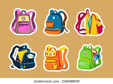 Mochilas escolares y preescolares para niños, varios colores y ángulos, abiertas y cerradas. Camionetas coloridas con libros de texto, cuadernos, lápices y botellas. Conjunto de stickers de dibujos animados