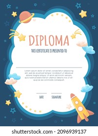 School, preschool certificate, diploma for kids with space, rocket, stars, clouds and planet. Vector cartoon illustration for kindergarten award, colorful background with night sky, copy space