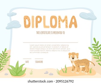 School, preschool diploma for kids with cute animal. Certificate template with cheetah baby on abstract landscape with leaves, grass, stones, sky. Vector cartoon illustration, colorful background.