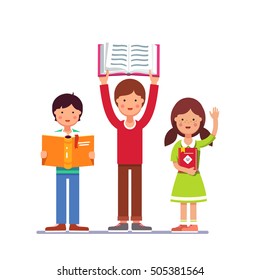 School and preschool kids boy and girl holding books in hands. Colorful flat style cartoon vector illustration isolated on white background.
