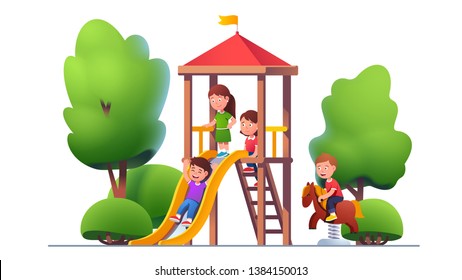 School & preschool kids boys and girls play together at park playground ladder slide, rocking horse. Kindergarten or nurser child recreation outdoor summer activity. Flat vector character illustration