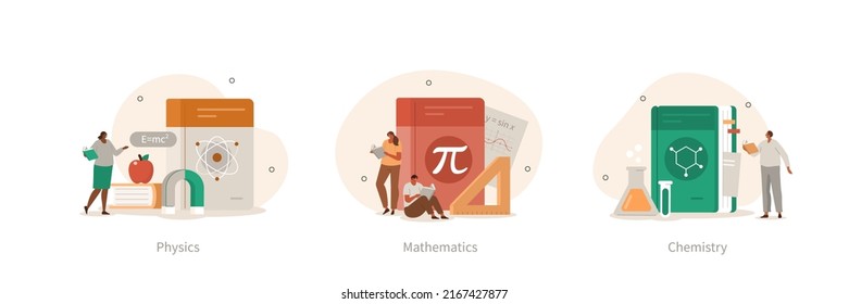 School and preschool lessons subjects illustration set. Characters in school classes learning mathematics, physics and chemistry with books. Education concept. Vector illustration.