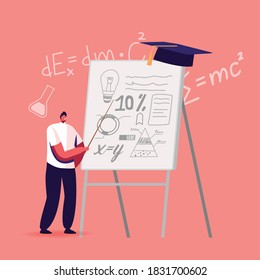 School Presentation Concept. Tiny Student Male Character Presenting Course Work or Diploma Project at Huge Whiteboard with Formulas, Calculations and Academic Cap. Cartoon People Vector Illustration