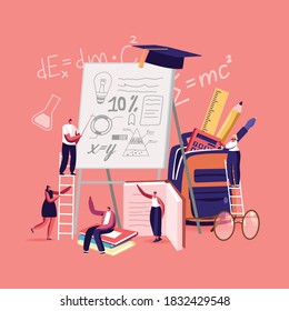 School Presentation Concept. Tiny Students Male and Female Characters Presenting Course Work or Diploma Project at Huge Whiteboard with Pupil Backpack and Cap. Cartoon People Vector Illustration