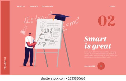 School Presentation Landing Page Template. Tiny Student Male Character Presenting Course Work or Diploma Project at Huge Whiteboard with Formula Calculations. Cartoon People Vector Illustration