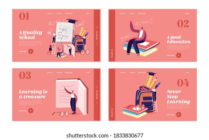 School Presentation Landing Page Template Set. Tiny Students Characters Presenting Course Work or Diploma Project at Huge Whiteboard with Pupil Backpack and Cap. Cartoon People Vector Illustration