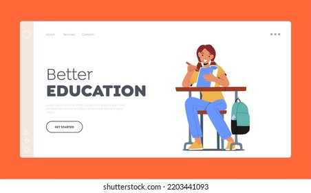 School, Primary Education Concept for Landing Page Template. Schoolgirl Character Sitting at Desk Writing in Notebook during Lesson. Little Kid Student in School Classroom. Cartoon Vector Illustration