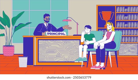 School principal with bully and his mother cartoon flat illustration. Teacher and parent discussing student behavior 2D characters colorful background. Education scene vector storytelling image