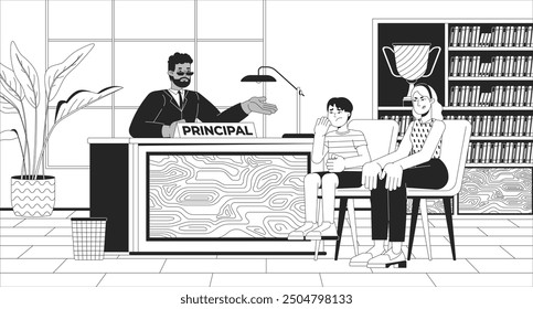 School principal with bully and his mother black and white line illustration. Teacher and parent discussing student behavior 2D characters monochrome background. Education outline vector image