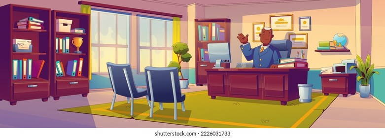 School principal in cabinet, black mature man sitting at table in his office with bookcases, computer, chairs for visitors and certificates on wall. College headmaster, Cartoon vector illustration