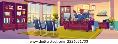 School principal in cabinet, black mature man sitting at table in his office with bookcases, computer, chairs for visitors and certificates on wall. College headmaster, Cartoon vector illustration ストックフォト © 