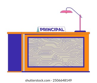 School principal desk 2D cartoon object. Workplace of education facility manager isolated flat vector element white background. Office table with lamp and nameplate color spot illustration