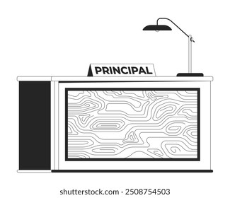 Objeto de linha 2D preto e branco da mesa principal da escola. Local de trabalho do gerente de instalações de educação vetor isolado item de outline. Mesa de escritório com lâmpada e placa de nome ilustração de ponto plano monocromático