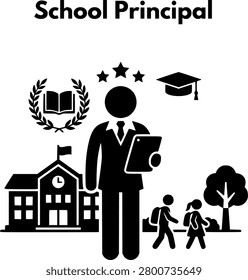 School Principal or Headmaster Holding Clipboard with Building and Students Stick Figure Vector Icon