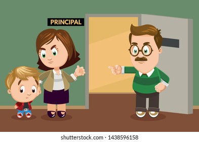 School Principal Invited Parents Of Schoolboy Due To His Bad Behavior. Teacher Standing With Pupil In Headmaster`s Office And Complaining About His Discipline Problems. Cartoon Vector Illustration.