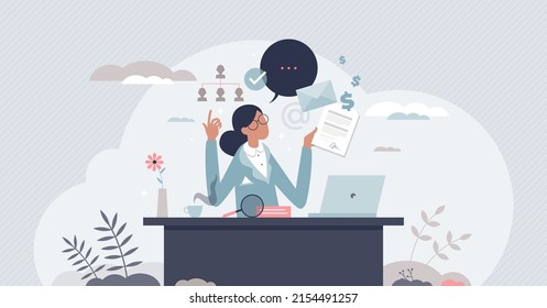 School Principal Or Kindergarten Management Female Leader Tiny Person Concept. Woman As Business Boss Or Education Facility Finance, Human Resource And Secretary Professional Work Vector Illustration.