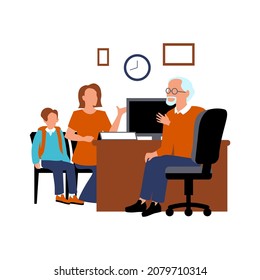 School principal. Mother and son schoolboy sitting at the reception of the principal in his office. Icon, clipart for website, application, booklet about education, school admission. Vector flat 