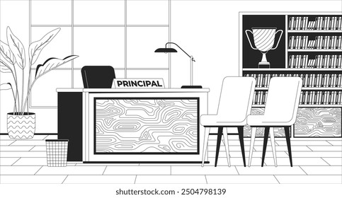 School principal office furnishing black and white line illustration. Desk with chairs in formal cabinet 2D interior monochrome background. Education facility workplace outline vector image