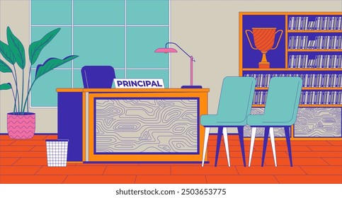 School principal office furnishing cartoon flat illustration. Desk with chairs in formal cabinet 2D interior colorful background. Education facility workplace scene vector storytelling image