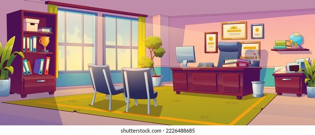School principal office interior design. Contemporary vector illustration of empty headmaster's workspace with furniture, award documents on wall, computer on desk, folders on shelf and large windows