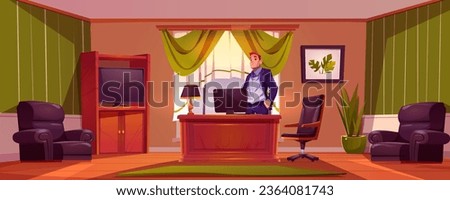 School principal office room with desk cartoon vector background. Man boss character on luxury workplace with tv, cupboard, table and computer. Young businessman in wooden corporate workspace