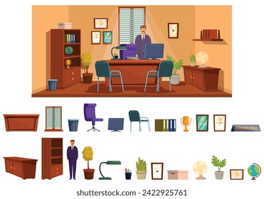 School principal office room icons set cartoon vector. Workplace furniture. Director table